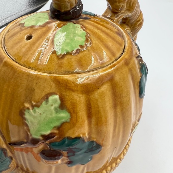 Majolica Pottery Occupied Japan Teapot Acorn Forest Squirrel Handle Ceramic - Picture 6 of 15